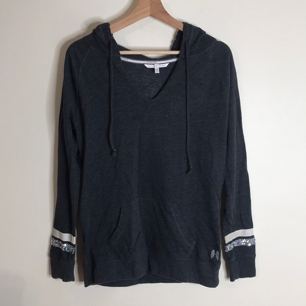 Victoria's Secret LOVE Bling Sleeves Grey Pullover Hoodie Size XS